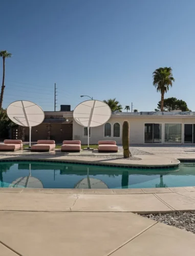 Arapaho property backyard swimming pool with lounge chairs and umbrellas